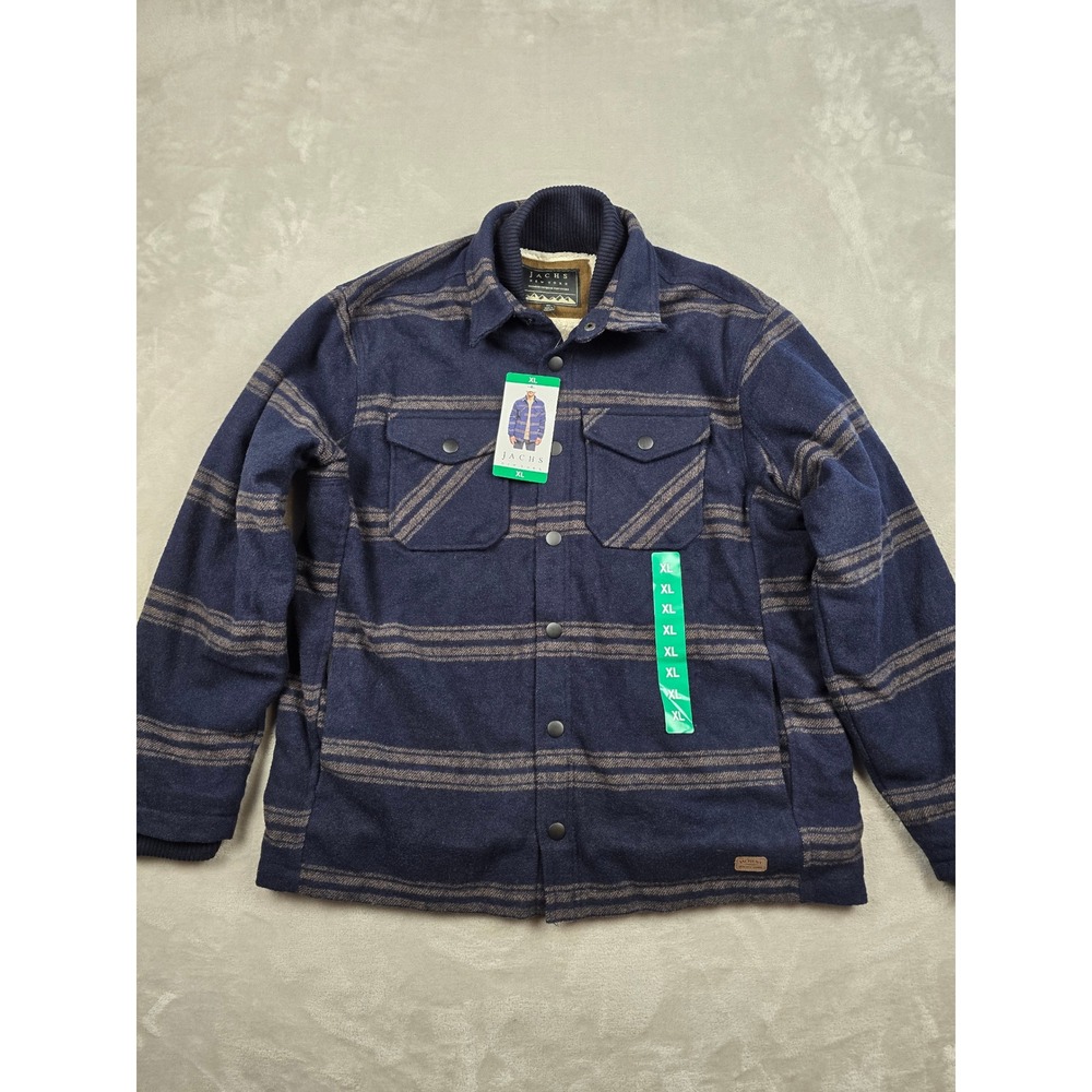 Jachs New York Jacket Mens XL Blue Striped Sherpa Lined Wool Blend Snap Front